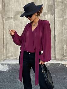 DAZY Sexy Deep V-Neck Tie Scarf Long Sleeve Blouse, Slim Fit Thin Shirt For Women - Burgundy - View 5