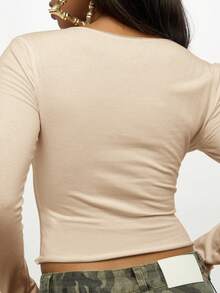 SUMWON WOMEN Long Sleeve V Neck Cotton Crop Top With Abstract Bra Print Design Fall Winter Layering Piece - Beige - View 7