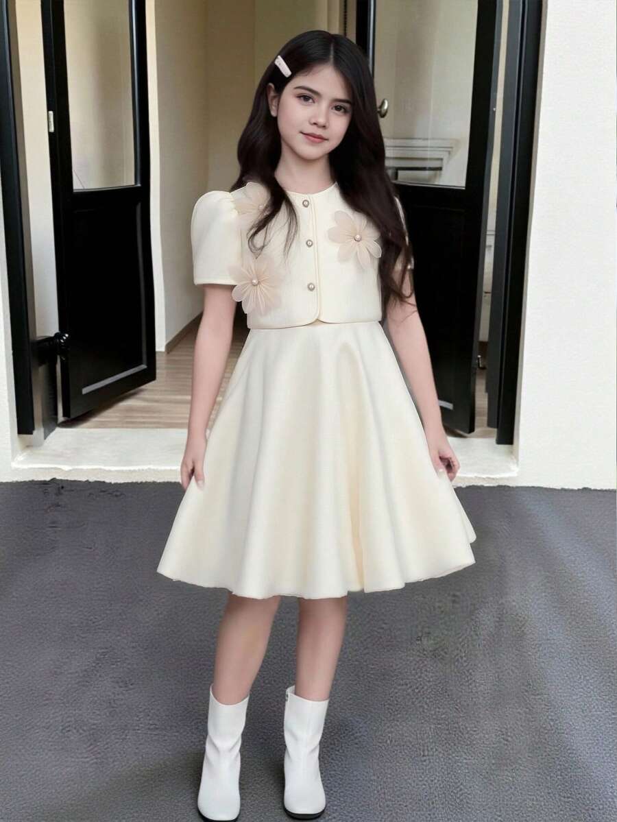 SHEIN Elladie kids 女童杏色竹节结泡泡短袖外套，搭配同色系杏色拉链连衣裙，外套正面饰有3朵杏色立体花朵和3颗仿珍珠纽扣，时尚优雅，适合日常、通勤、聚会和派对穿着。 - 杏色 - 查看 1