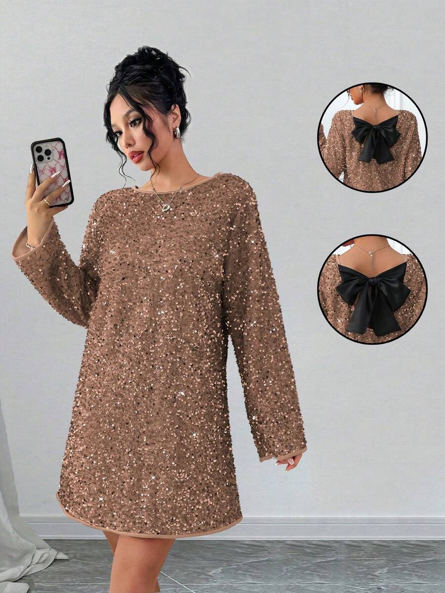 Rafferiza Đầm dự tiệc Giáng sinh thanh lịch đính sequin và nơ, đầm cocktail ngắn dáng rộng thoải mái dành cho nữ. - Màu Khaki - Xem 1