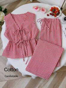 Sweetra European & American Summer New Red Retro Plaid Lace-Up Minimalist Straight-Leg Pants, Versatile Commuter Style, Two Pieces Set For Women - Burgundy - View 1