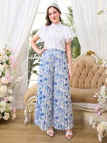 Sparklyn Quần ống rộng xếp ly cạp chun in hoa dành cho nữ tuổi teen, kiểu dáng thanh lịch và thoải mái, phù hợp cho mùa xuân/hè, đi nghỉ mát, đi chơi và dự tiệc. - Màu xanh lam - Xem 4