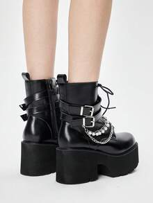ROMWE Women Shoes Thick-Soled Thick-Heeled Women's Boots, Punk Style Double Belt Buckle Pearl Metal Chain, Gothic Ankle Boots Side Zip-Up Lace-Up Boots Valentine's Day - Black - View 5