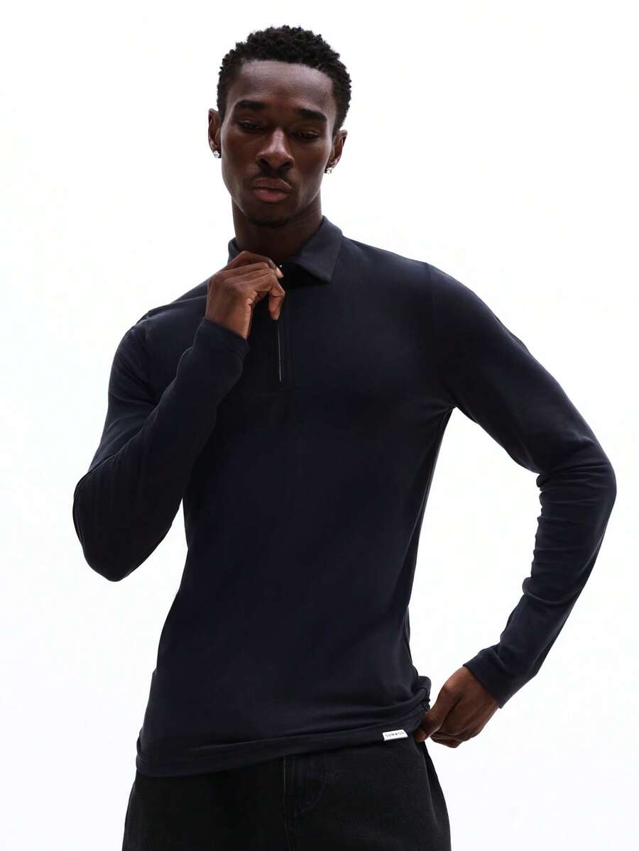 SUMWON Essentials 修身长袖 Polo 衫，带拉链门襟，适合日常休闲穿着 - 藍色 - 查看 1