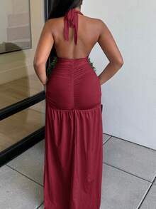 Alexandranx Elegant Romantic Sexy Party Deep V-Neck Halter Split A-Line Dress - W