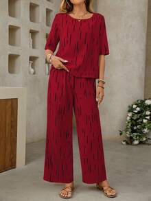 SHEIN Clasi 女士V领宽松印花两件套 - 酒紅色 - 查看 6