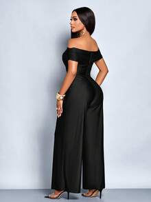 SOLERSUN Women's Elegant Solid Color Criss Cross Ruched Off Shoulder Jumpsuits - Black - View 2