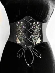 ROMWE 1pc Women Black Lace Chain Skull Cross Tie Decor Elastic Waistband Goth Dress Accessory For Halloween