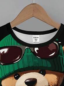 SHEIN Leap Crew 两件套男童休闲可爱卡通熊图案黑色短袖T恤和短裤，适合夏季休闲、运动、郊游、上学、时尚穿着。 - 彩色 - 查看 5