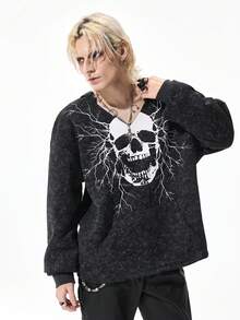 ROMWE MEN Goth Men's Dark Skull Print Casual Pullover Hoodie Sweatshirt - Black and White - View 6