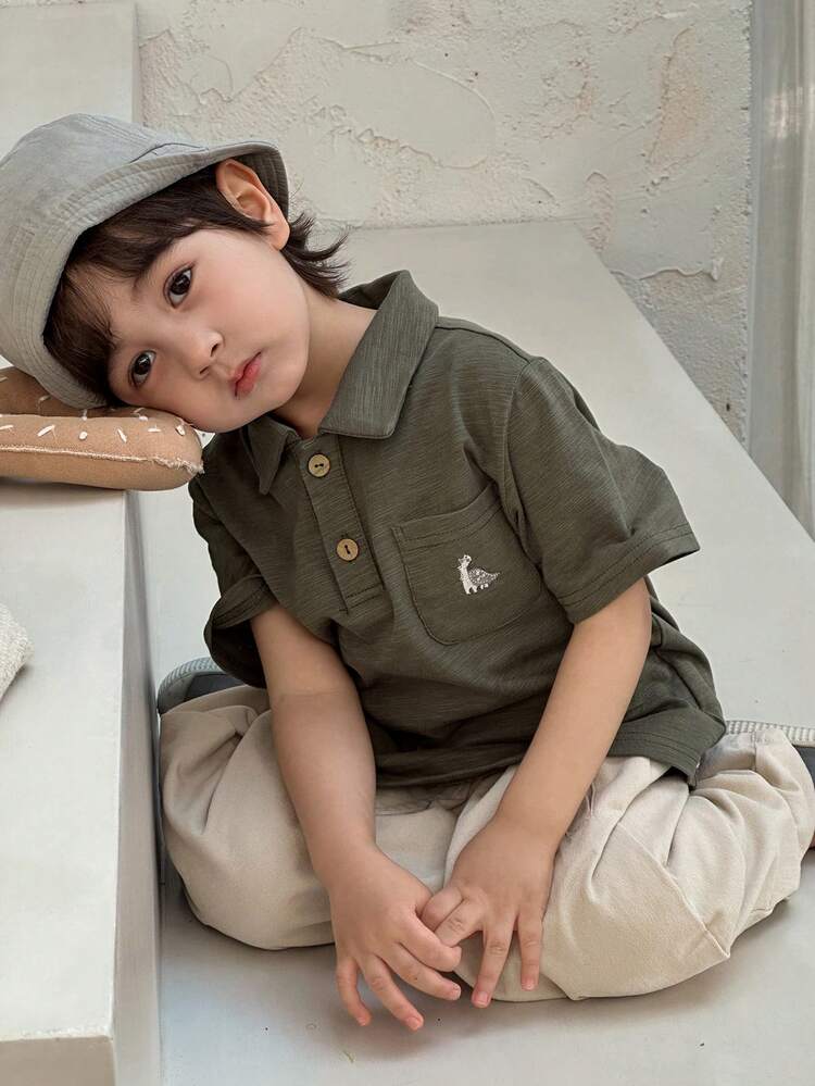 Young Boy Short Sleeve Polo Collar Pocket Design Casual T-Shirt Spring Summer