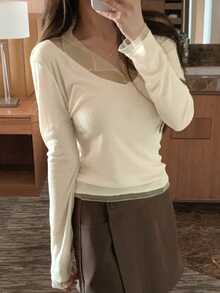 DAZY Women's V-Neck Loose Contrast Mesh Casual T-Shirt Long Sleeve - Apricot - View 3