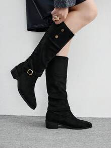 CUCCOO BIZCHIC Women's Buckle Design Everyday Fashion Pleated Chunky Heel Knee-High Boots - Black - View 5