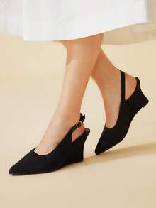 CUCCOO BASICS Sepatu Wanita Modis Warna Hitam, Nyaman, Terbuat dari Kain, Model Slingback dengan Hak Wedges dan Ujung Lancip, Cocok untuk Bepergian, Kencan, Pesta, Liburan, dan Acara Lainnya, Termasuk Hari Valentine. - Hitam - View 4