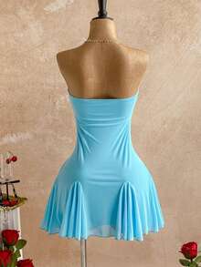 Soleia 新款度假西部海滩婚礼宾客着装毕业早午餐女士圣帕特里克节春假复活节音乐节优雅波西米亚热带风情吊带系带蓝色网纱迷你连衣裙 - 藍色 - 查看 2