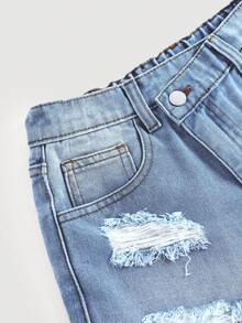 Girlism 少女蓝色牛仔不对称腰部破洞修身短裤 - 黑色 - 查看 5