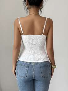 Elenzga 女士春夏新款法式复古优雅通勤休闲日常白色吊带背心，腰部收紧，侧边开衩，高品质纹理面料 - 白色 - 查看 4