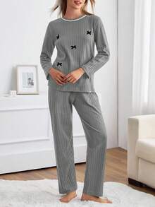EURMUSE Women Cotton Bows Detail Long Sleeve Shirt&Pants Homewear Lounge Pajama Set - Light Grey - View 3