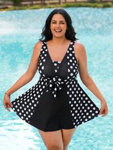 Swim Lushoire Bộ đồ bơi tankini cỡ lớn dành cho nữ, kiểu dáng rộng rãi, phối họa tiết chấm bi và màu trơn, cổ tròn, vạt nơ, kết hợp với quần short cạp cao màu trơn, gợi cảm, che khuyết điểm, thích hợp cho kỳ nghỉ biển. - Đen và trắng - Xem 4