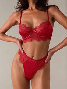 SHEIN BAE 拼接睫毛蕾絲鋼圈內衣套裝 - 紅色 - 查看 3