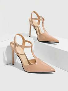 CUCCOO SZL Giày cao gót nữ màu đỏ tía có khóa trang trí - Màu be - Xem 7