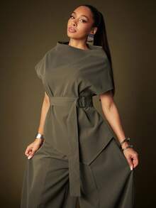 Vixey 纯棕色西装式上衣，垂褶领口，不对称下摆，自带腰带。 - 卡其色 - 查看 1