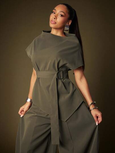 Vixey Solid Brown Suiting Draped Neckline Asymmetrical Hem Self Belted Office Top