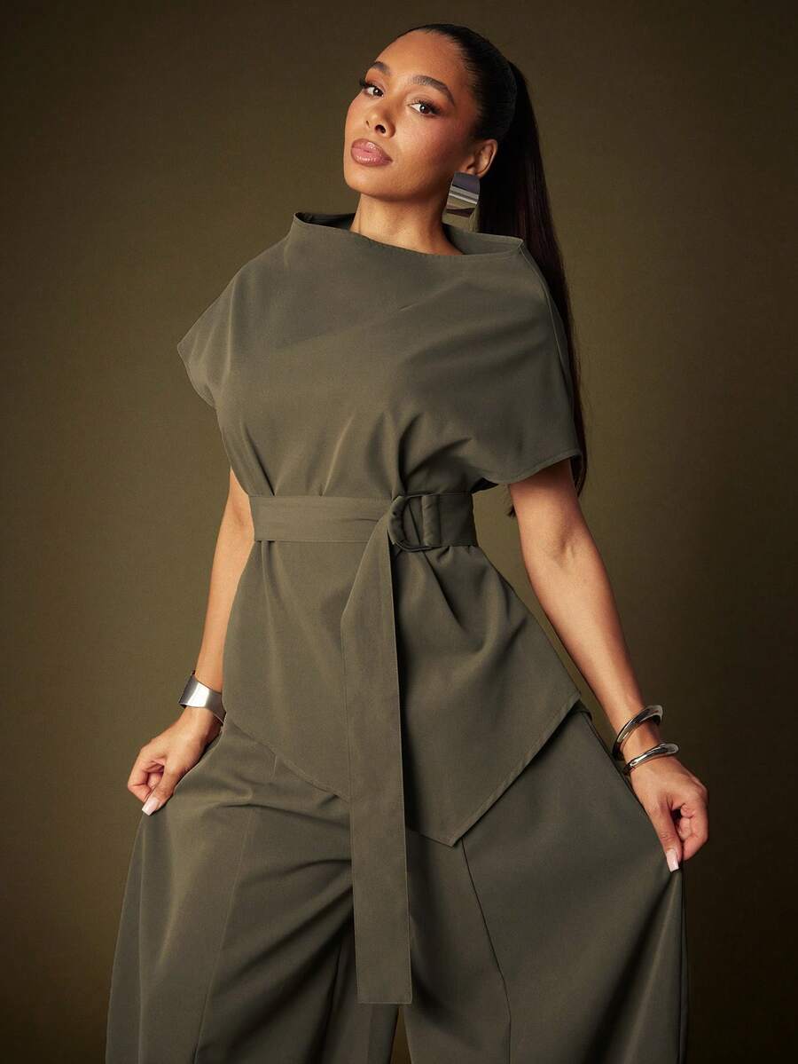 Vixey 纯棕色西装式上衣，垂褶领口，不对称下摆，自带腰带。 - 卡其色 - 查看 1