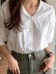 DAZY Lightweight Jacquard Long Sleeve Casual Blouse For Women, Spring - White - View 4