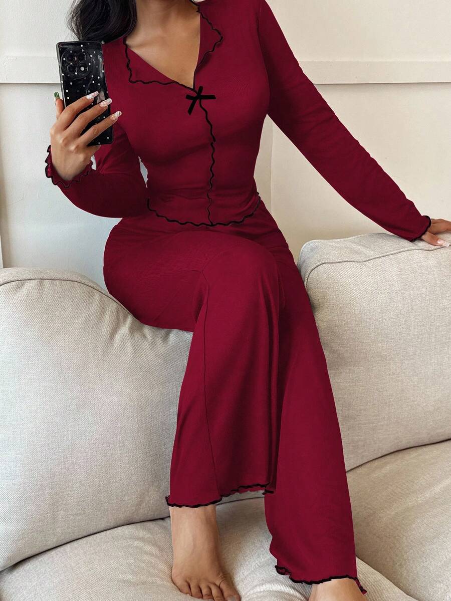 SHEIN Women's Red Contrast Trim Fitted Long Sleeve & Pants Pajama Set, Spring/Summer