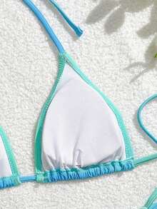 Swim Mod Embroidered Summer New Halter Neck Women's Swimsuit Ombre Floral Beaded Triangle Bikini Set, Beach Holiday Swimwear - Blue - View 3