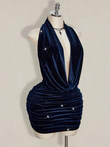 SHEIN ICON 大码女式黑色丝绒亮片深V领露背褶皱迷你连衣裙，Y2K派对连衣裙，丝绒派对连衣裙，万圣节服装，生日连衣裙 - 藏蓝色 - 查看 5