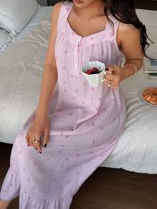 Napfluff 荷叶边条纹蝴蝶结印花无袖可爱女士睡裙 - 彩色 - 查看 6