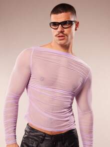 FeverCity Men's Sexy Sheer Mesh V-Neck Slim Fit Cropped Top, Spring/Summer - Mauve Purple - View 3