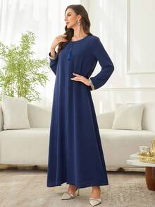 Al Najma Solid Color Round Neck Tassel Decor Long Sleeve Sequin Embellished Loose Elegant Luxurious Abaya - Royal Blue - View 1
