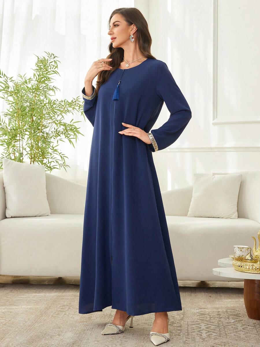 Al Najma Solid Color Round Neck Tassel Decor Long Sleeve Sequin Embellished Loose Elegant Luxurious Abaya - Royal Blue - View 1