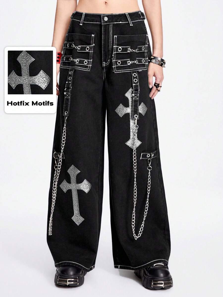 ROMWE Grunge Punk Celana Jeans Wanita Model Lebar dengan Hiasan Rantai Berlian Imitasi dan Salib - Hitam dan Putih - View 1