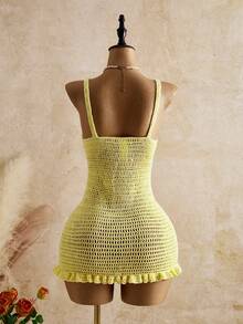 Bellisia 女士镂空钩编荷叶边下摆罩衫连衣裙，适合夏季度假 - 鵝黃色 - 查看 2