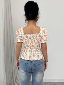 Elenzga Women's Floral Print Puff Sleeve Shirred Casual Blouse - Yellow - View 2