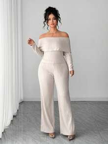 Elenzga Plus Size Autumn/Winter New Off-Shoulder Unique Slimming Top + Knitted Fashion Pants Set