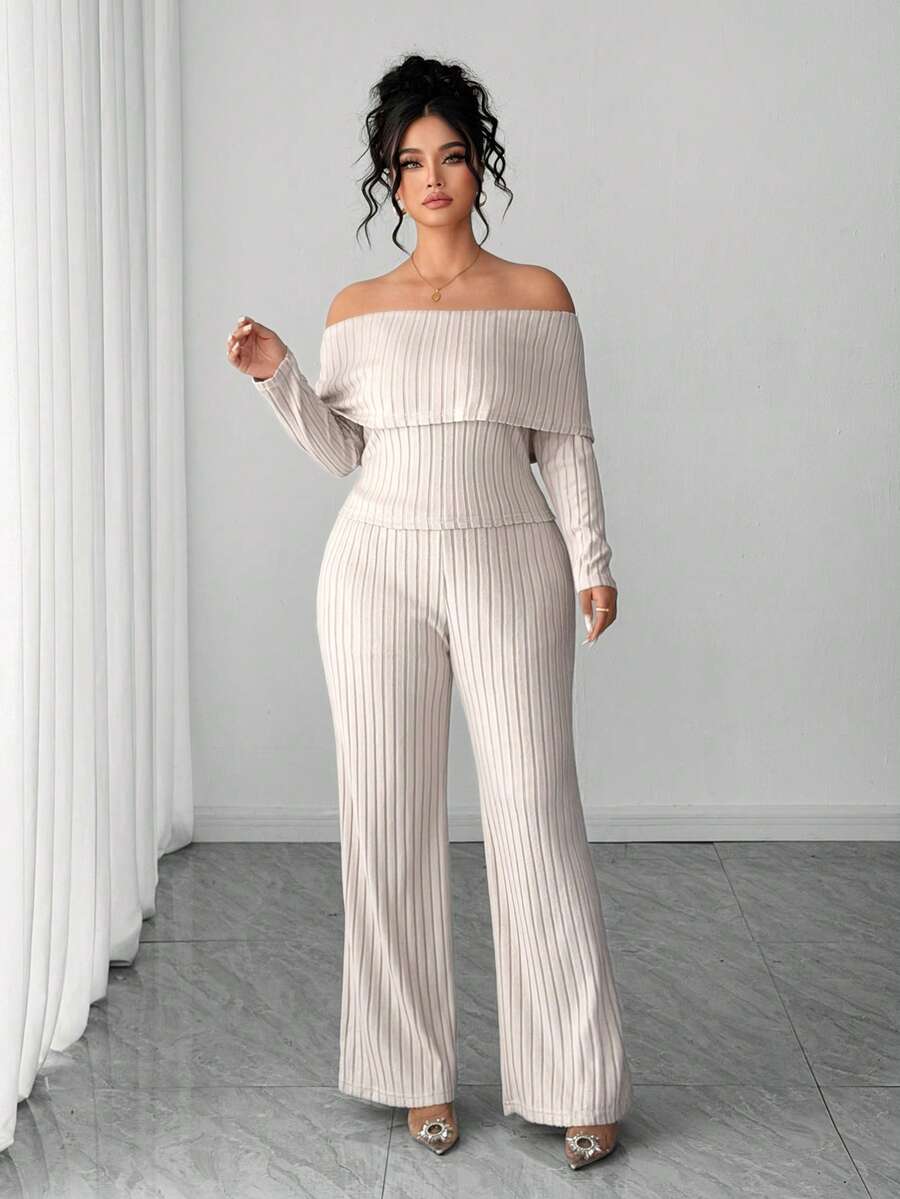Elenzga Plus Size Autumn/Winter New Off-Shoulder Unique Slimming Top + Knitted Fashion Pants Set