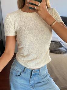 DAZY 女士休闲百搭圆领短袖腰果提花T恤