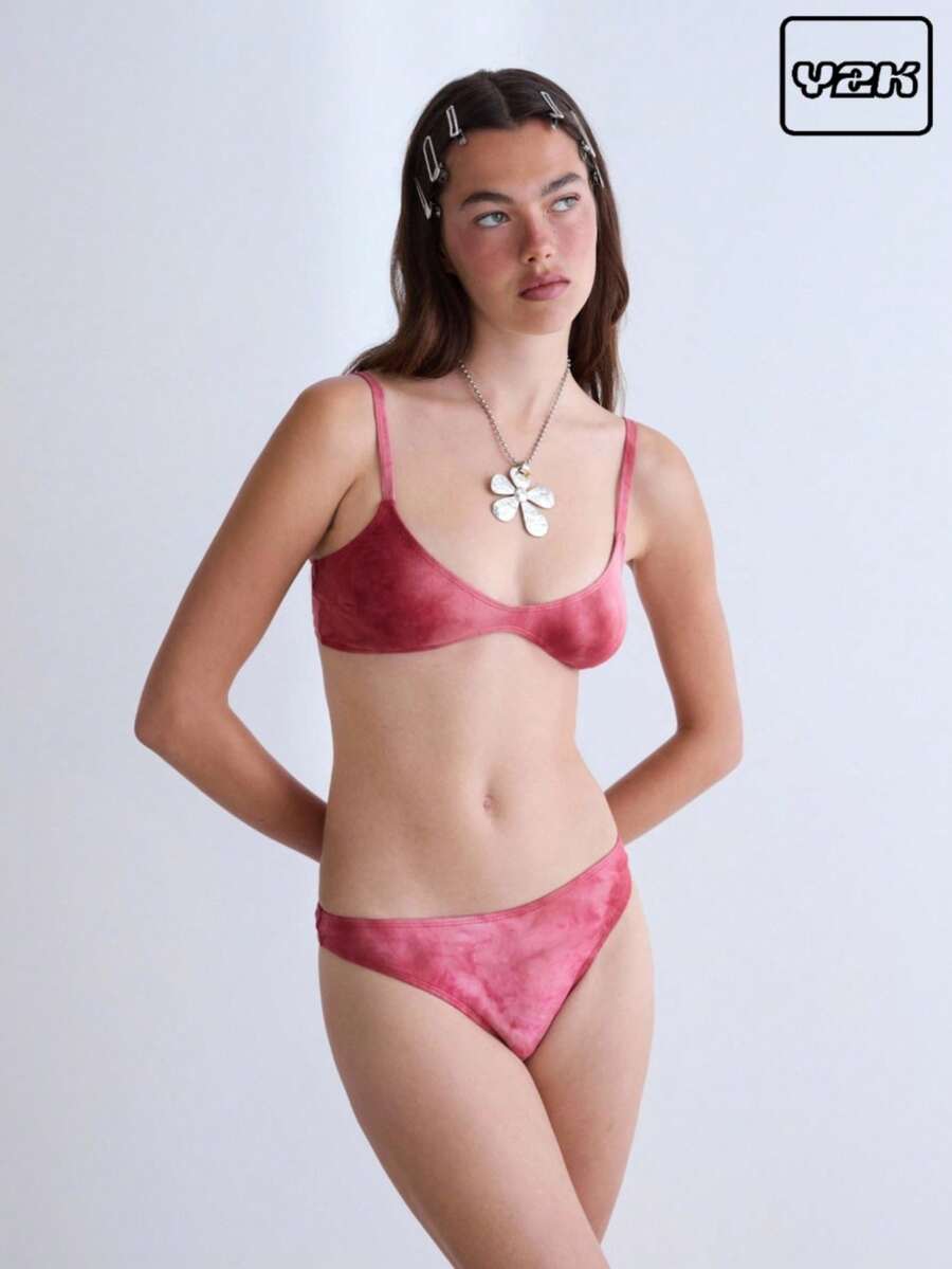 COUREZ 扎染圆领上衣搭配高腰泳裤比基尼套装/女士夏季度假泳装 Y2K 复古风 - 紅色 - 查看 1