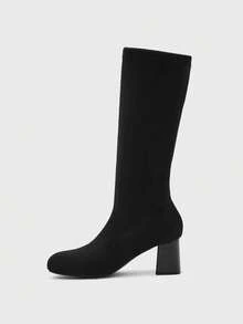 CUCCOO BIZCHIC Sepatu Bot Setinggi Lutut Wanita Warna Polos yang Modis, Serbaguna untuk Pemakaian Sehari-hari - Hitam - View 10
