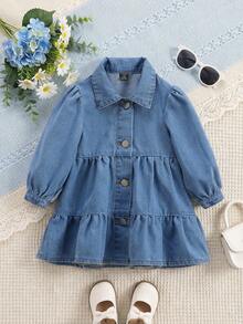 SHEIN 1pc Toddler Baby Girls Casual Cute Solid Blue Denim Jean Long Puff Sleeve Lapel Collar Button Down Ruffle Hem Tiered A-Line Shirt Dress Jacket Coat Shacket Vestidos Soft Clothes Outfits For Party Daily Spring Fall Baby Girl Denim Dress - Light Wash - View 1