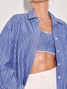 COSMINA Women's Elegant 2-Piece Set, Blue & White Striped Outfit, Long Sleeve Shirt And Camisole Top, 2026 New Arrival, Latest Fashion Combination, Versatile, Casual Wear, Spring Women's 2-Piece Set, Spring/Summer Outfit, All Season Set, Casual Matching, Loose Fit Shirt, Graceful Ladies 2-Piece Set - Blue and White - View 7