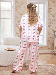 CottageSlumber Bộ đồ ngủ cỡ lớn bằng lụa giả in họa tiết hoa lãng mạn, nơ, ren và sọc. - Hồng - Xem 2