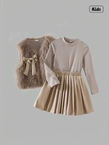 Sweetra 3件套：棕色毛茸茸蝴蝶结背心、同款吊带背心和PU褶裙 - 咖啡棕 - 查看 3