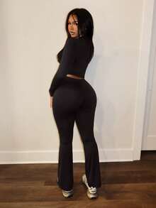 Slaydiva Casual Basic High Elasticity Slim Fit Long Sleeve Zipper Top & Pants Women's 2pcs Set, Autumn - Coffee Brown - View 2