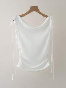 GlowEve Women's White Milk Silk Fabric Boat Neck Off Shoulder Sleeveless Ribbon Bow Design Waist Cinching Sexy Outfit, Birthday Gift, Date, Party, Workplace High-Vibe Outfit, Teacher Outfit, School Girl Style, Spring Top, Shirt, Summer Top, Shirt, Summer Vest, Spring Summer New Essential Fashion Niche Design Versatile Sleeveless Waist Cinching Vest - White - View 2